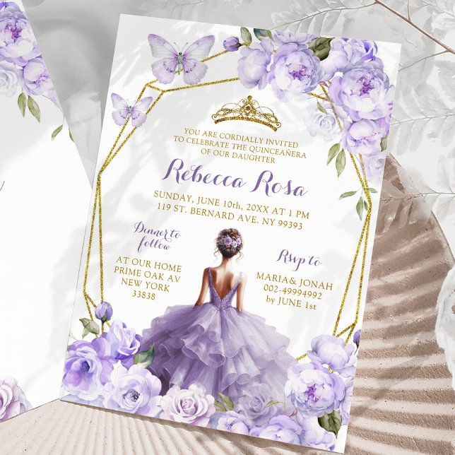 Gold Lavender Purple Floral Butterfly Quinceañera Invitation (Creator Uploaded)