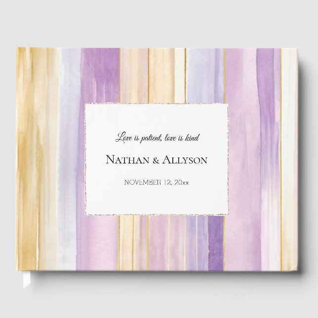 Gold Lavender Purple Stripes Wedding Guest Book (Front)