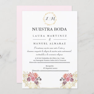 Gold Lavenderblush Floral Wedding Spanish Invitation