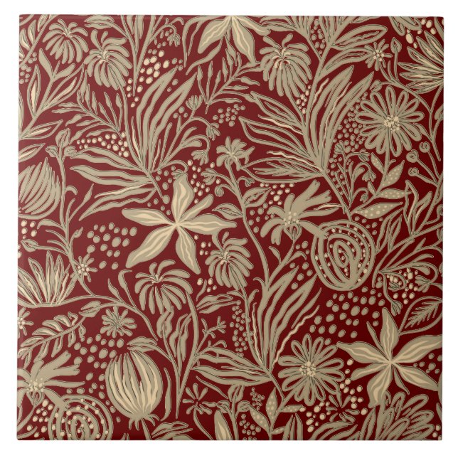 Gold Lazy Floral Pattern on Deep Red Ceramic Tile (Front)