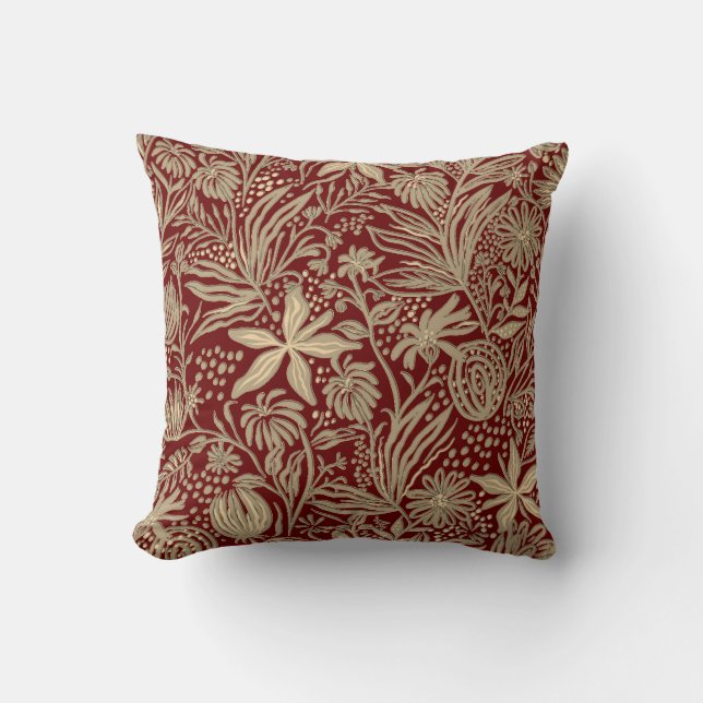 Gold Lazy Floral Pattern on Deep Red Cushion (Front)