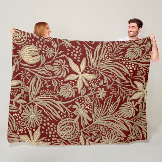 Gold Lazy Floral Pattern on Deep Red Fleece Blanket (In Situ)