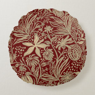 Gold Lazy Floral Pattern on Deep Red Round Cushion