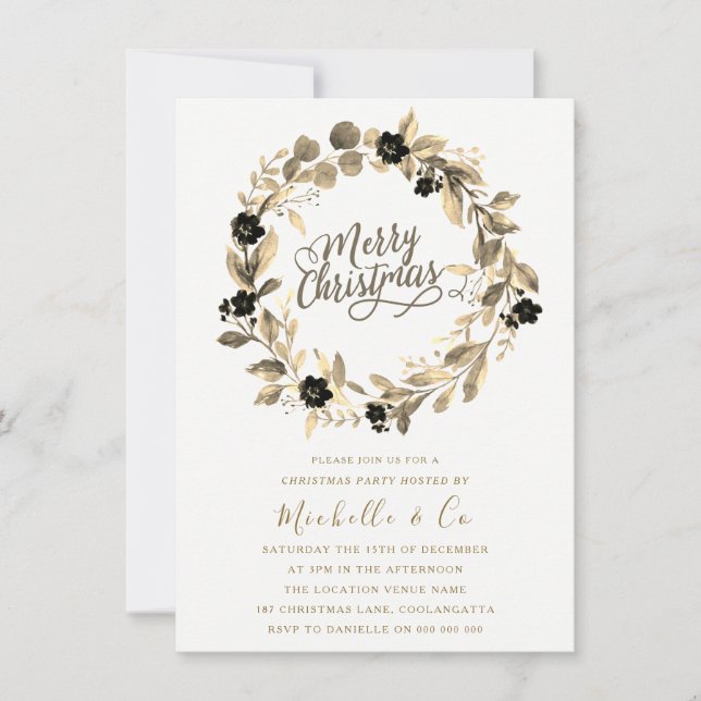 Gold Lead Wreath Office Family Christmas Party Invitation (Front)