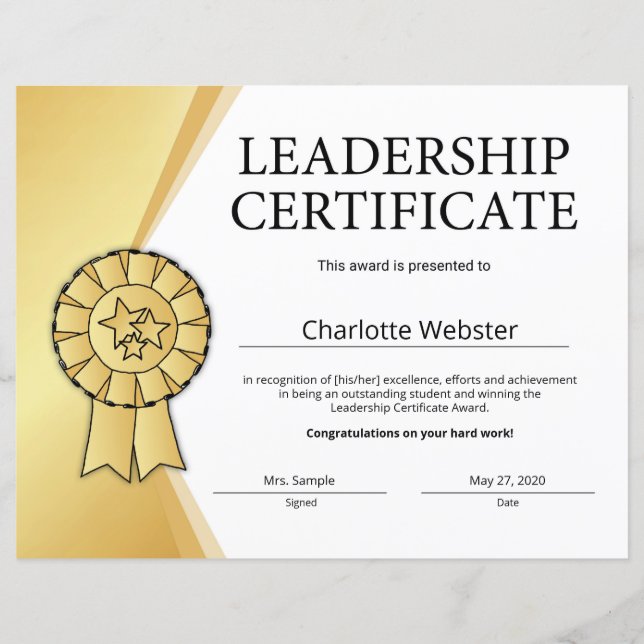 Gold Leadership Certificate of Achievement PDF (Front)