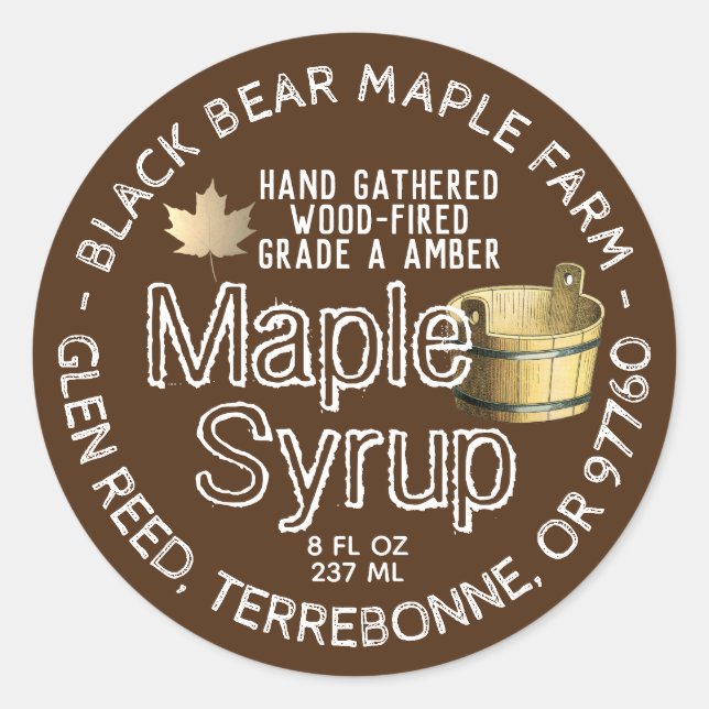Gold Leaf and Bucket Wood Fired Maple Syrup Brown Classic Round Sticker (Front)