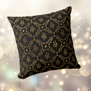Gold Leaf Berry Frame Pattern on Black Cushion