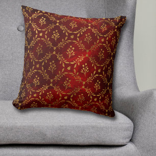 Gold Leaf Berry Frame Pattern on Burgundy Red Glow Cushion