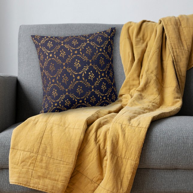 Gold Leaf Berry Frame Pattern on Navy Blue Cushion (Creator Uploaded)