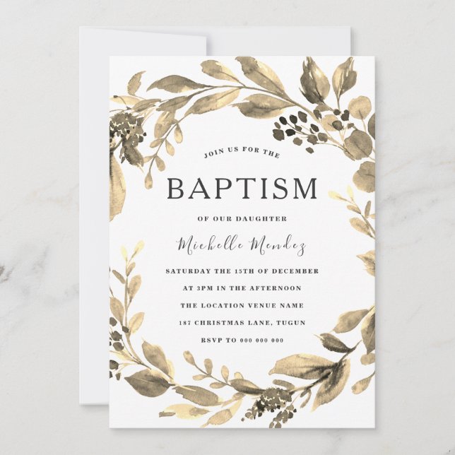 Gold Leaf Boy Girl Wreath Baptism Christening Invitation (Front)