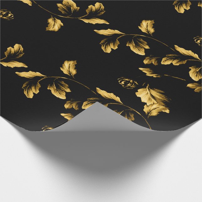 Gold Leaf Branch Floral Vine On Black Wrapping Paper (Corner)