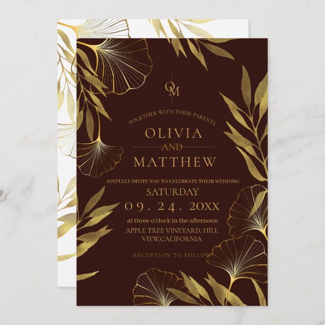 Gold Leaf / Brown Wedding Invitation (Front/Back)