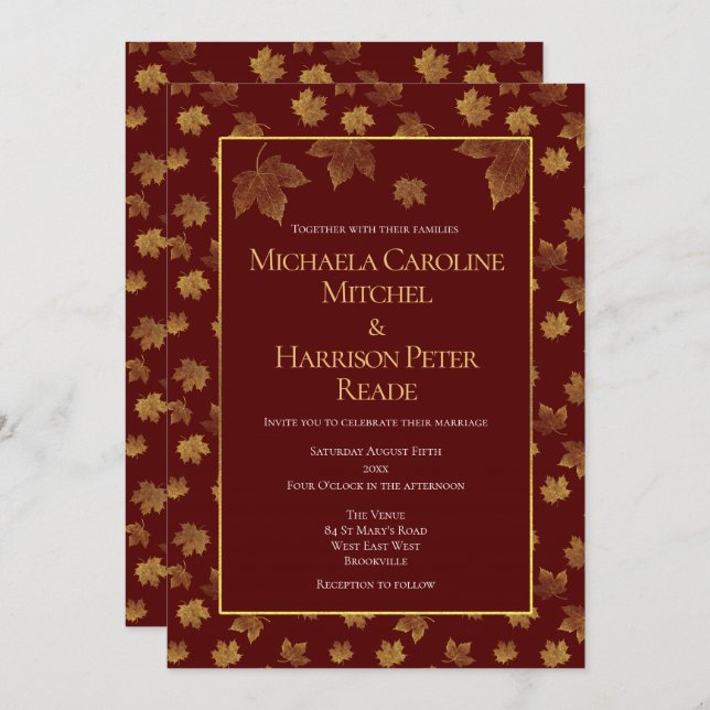 Gold Leaf Burgundy Marsala Wedding Invitation (Front/Back)