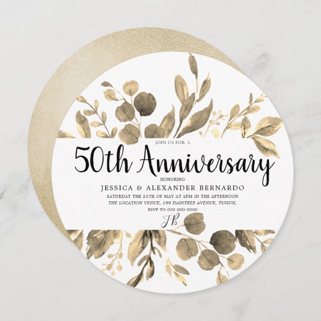 Gold Leaf Elegant Modern 50th Wedding Anniversary Invitation (Front/Back)
