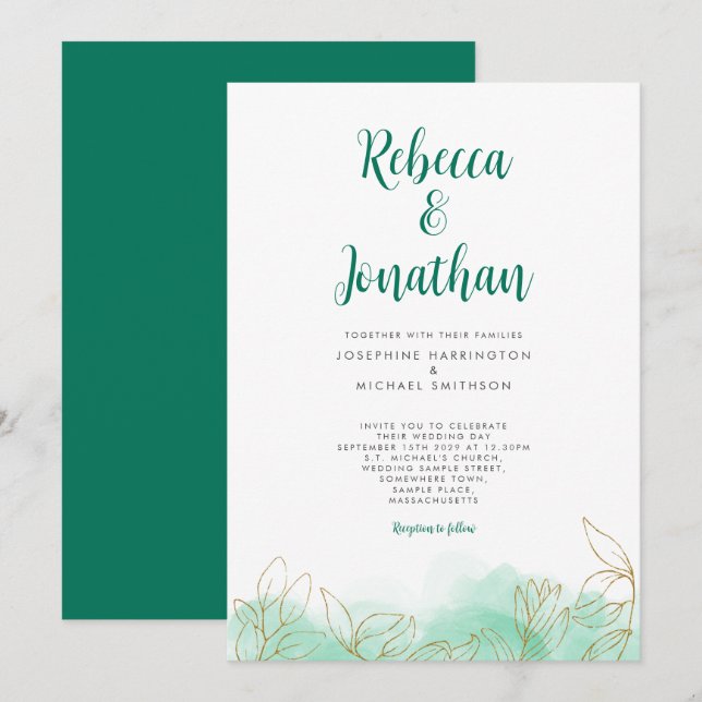 Gold Leaf Emerald Watercolor Wedding Invitation (Front/Back)