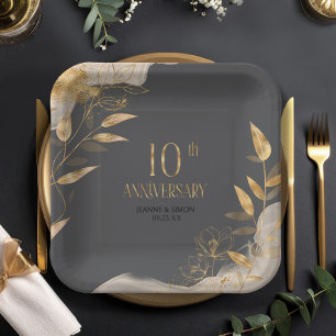 Gold Leaf Floral 10th Anniversary ID1169 Paper Plate
