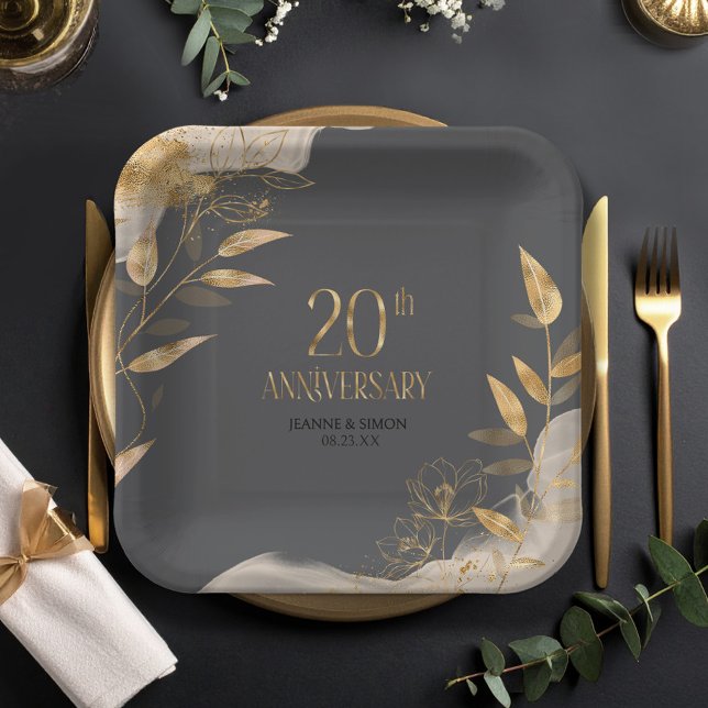 Gold Leaf Floral 20th Anniversary ID1169 Paper Plate (Creator Uploaded)