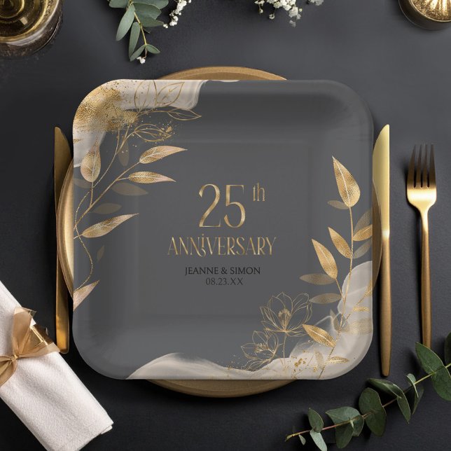Gold Leaf Floral 25th Anniversary ID1169 Paper Plate (Creator Uploaded)