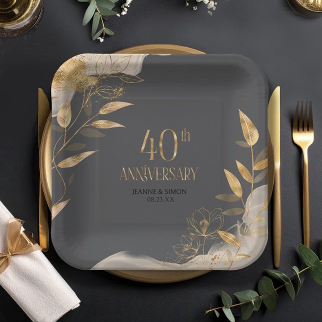 Gold Leaf Floral 40th Anniversary ID1169 Paper Plate (Creator Uploaded)