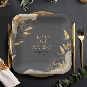Gold Leaf Floral 50th Anniversary ID1169 Paper Plate