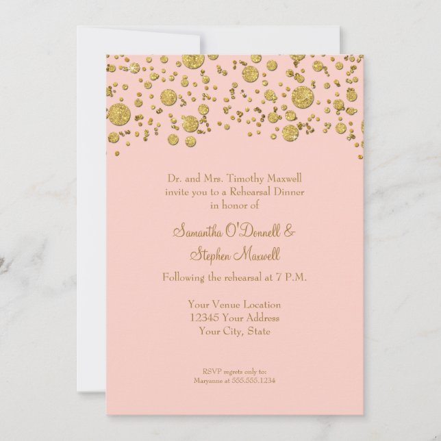 Gold Leaf Glitter Confetti Dots Elegant Rehearsal Invitation (Front)