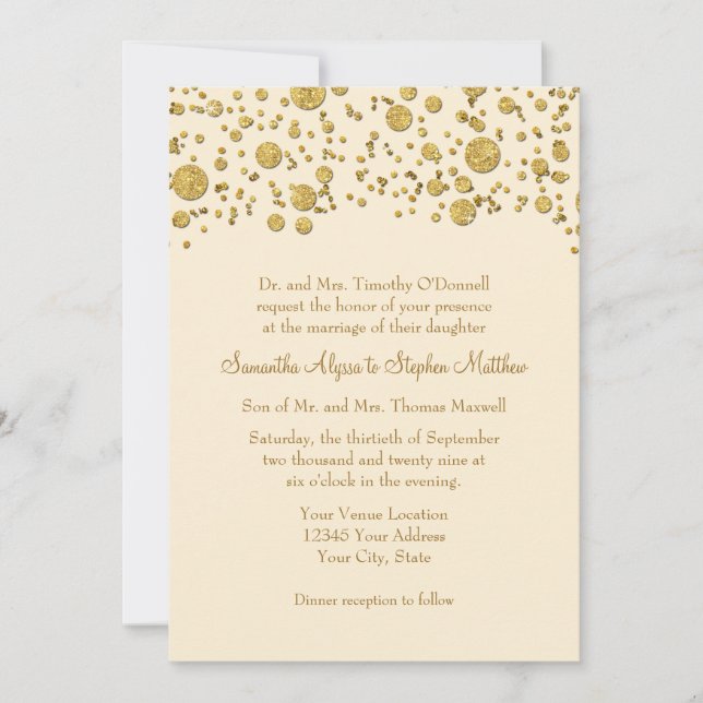 Gold Leaf Glitter Confetti Dots Elegant Wedding Invitation (Front)