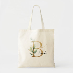 Gold Leaf Greenery Elegant Foliage Monogram "B" Tote Bag