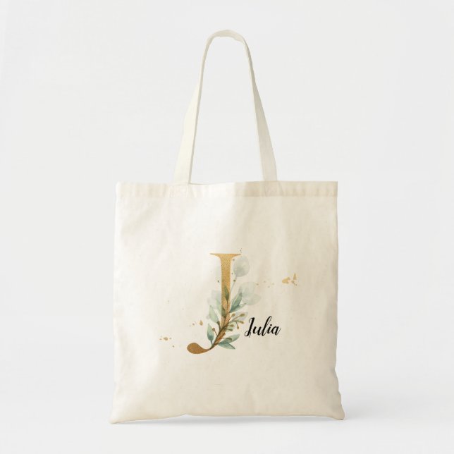 Gold Leaf Greenery Elegant Foliage Monogram "J" Tote Bag (Front)