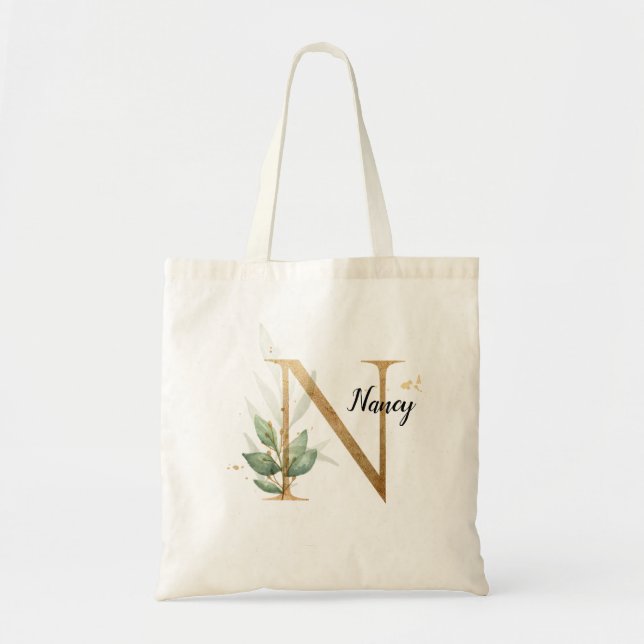 Gold Leaf Greenery Elegant Foliage Monogram "N" Tote Bag (Front)