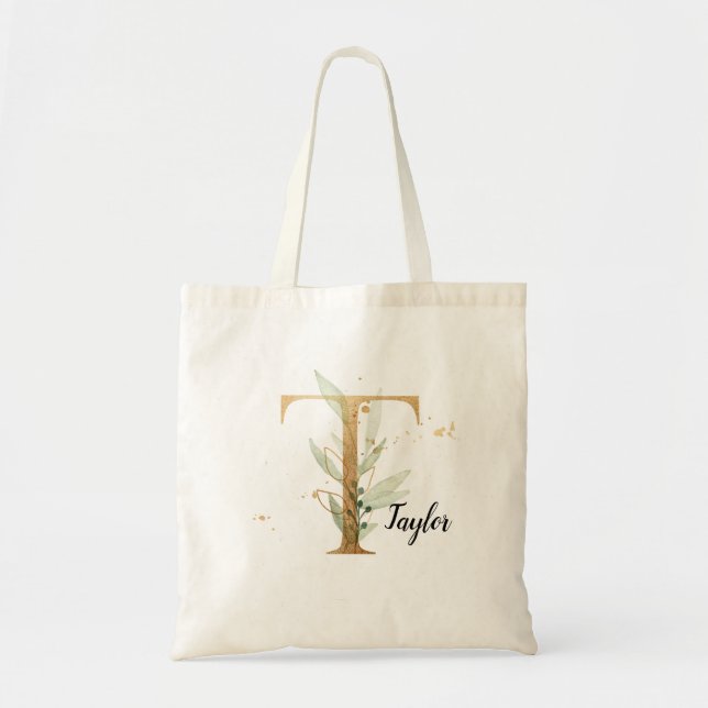 Gold Leaf Greenery Elegant Foliage Monogram "T" Tote Bag (Front)