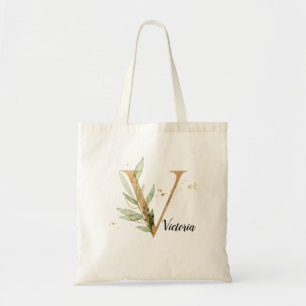 Gold Leaf Greenery Elegant Foliage Personalise "V" Tote Bag