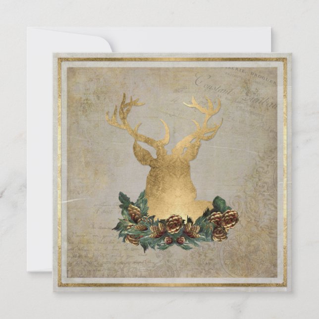 Gold Leaf Look Deer Head Antlers Christmas Party Invitation (Front)