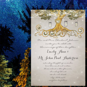 Gold Leaf Mason Jar Under the Stars Wedding Invitation