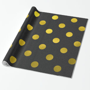 Gold Leaf Metallic Faux Foil Large Polka Dot Black Wrapping Paper