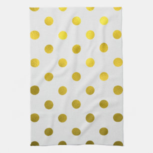 Gold Leaf Metallic Faux Foil Large Polka Dot White Tea Towel
