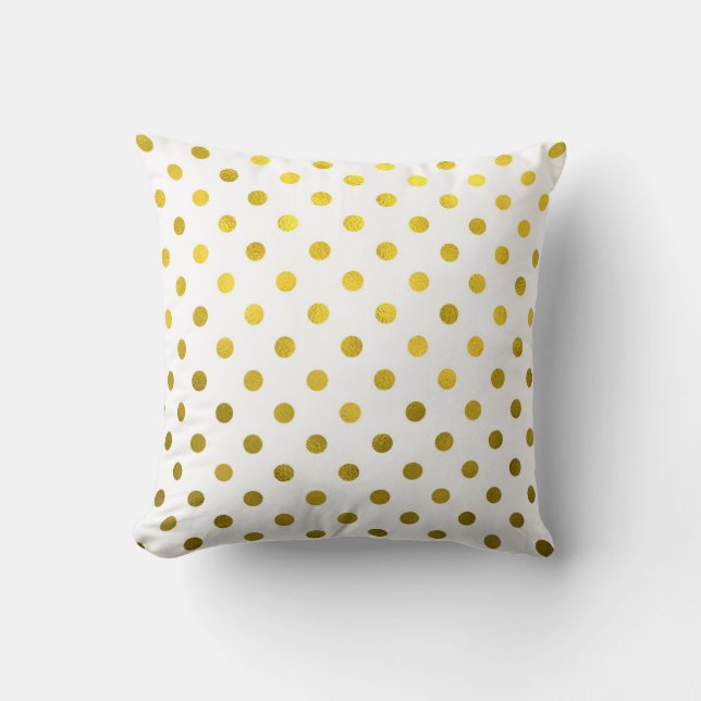 Gold Leaf Metallic Faux Foil Small Polka Dot White Cushion (Front)