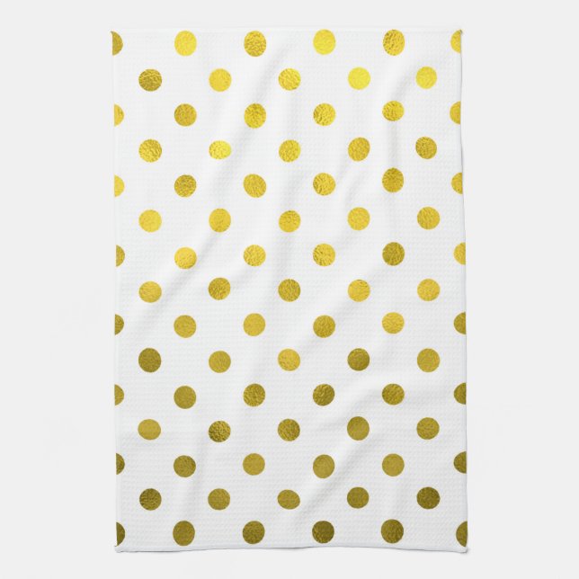Gold Leaf Metallic Faux Foil Small Polka Dot White Tea Towel (Vertical)