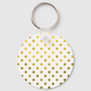Gold Leaf Metallic Polka Dot on White Dots Pattern Key Ring