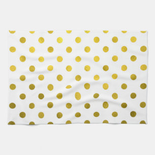 Gold Leaf Metallic Polka Dot on White Dots Pattern Tea Towel