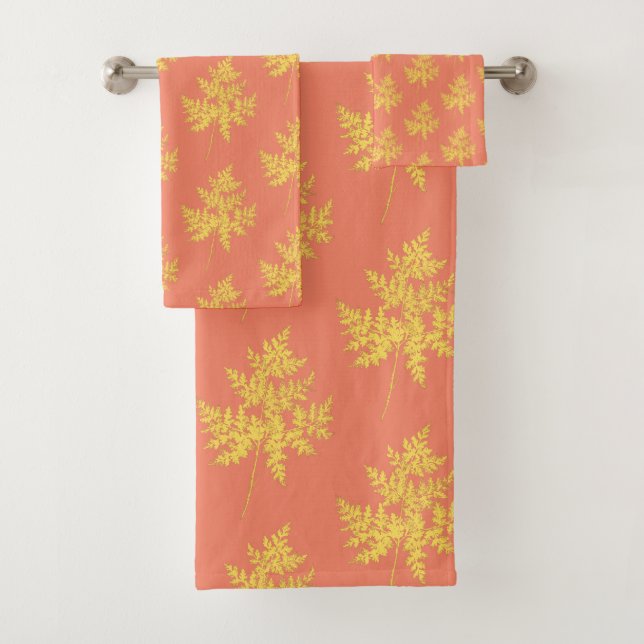 Gold Leaf on Coral Botanical Pattern Bath Towel Set (Insitu)