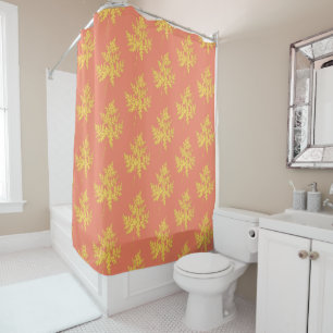 Gold Leaf on Coral Botanical Pattern Shower Curtain