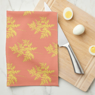 Gold Leaf on Coral Botanical Tea Towel