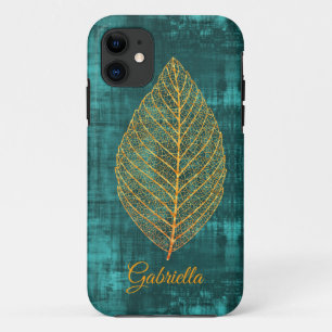 Gold Leaf on Teal Green Satin -*personalise* iPhone 11 Case