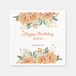Gold Leaf Orange Peony Rustic Floral Birthday Napkin