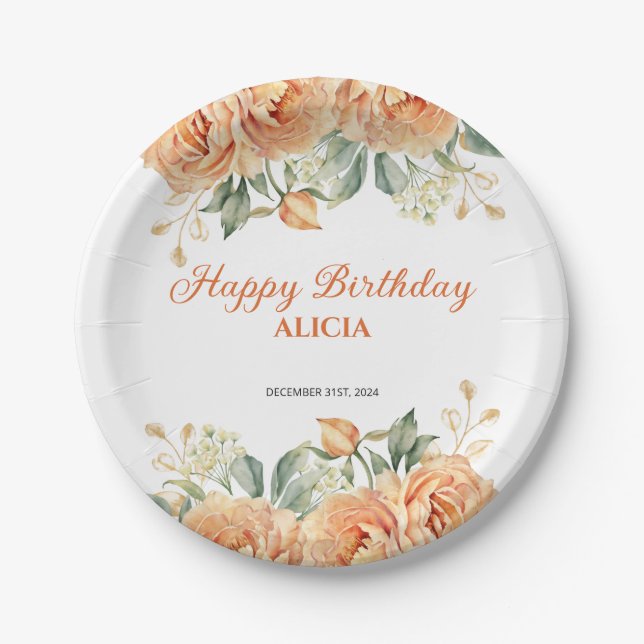 Gold Leaf Orange Peony Rustic Floral Birthday  Paper Plate (Front)