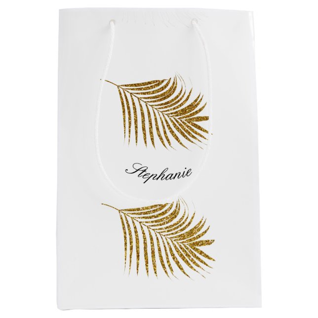 Gold Leaf Pattern Birthday Holiday Custom Name Medium Gift Bag (Front)