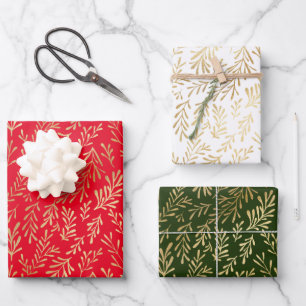 Gold Leaf Pattern Red Green White Christmas Wrapping Paper Sheet