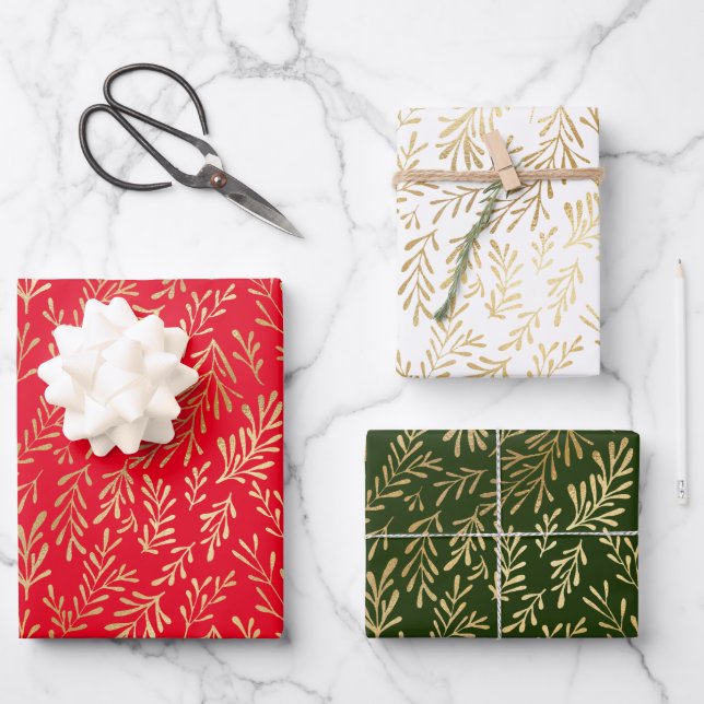 Gold Leaf Pattern Red Green White Christmas Wrapping Paper Sheet (Front)