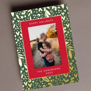 Gold Leaf Pressed   Green Red Floral Frame   Photo Foil Holiday Card