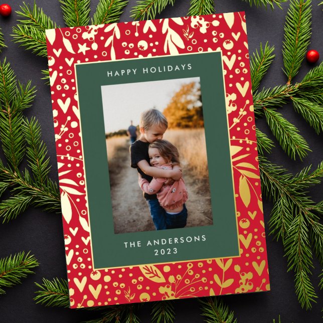 Gold Leaf Pressed | Red Green Floral Frame | Photo Foil Holiday Card (Creator Uploaded)